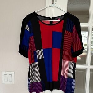 Vince Camuto Red and Blue Geometric Short Sleeve Top